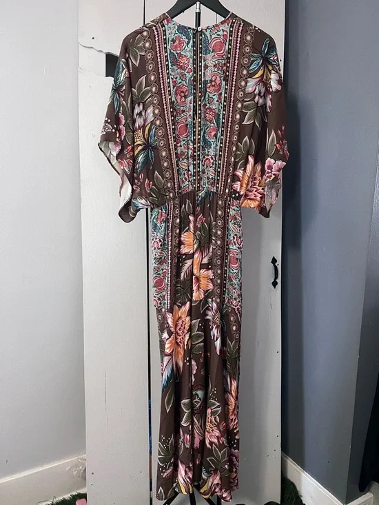 Farm Rio Anthropologie Valentina Floral Maxi Dress Brown Boho Kimono Sleeve Sz S - Picture 5 of 16